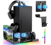 Soporte de enfriamiento RGB y estación de carga para Xbox Series X con gancho para auriculares, soporte de enfriamiento vertical para consola y car...