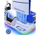 Soporte delgado Ps5 con estación de enfriamiento y estación de carga del controlador para consola digital / disco delgado Ps5, luz RGB, soporte par...