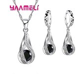 Gota de agua caliente CZ 925 Conjunto de joyas chapadas en plata de ley para mujer Collar colgante Pendientes de aro Fiesta de bodas Ceremoey Anel ...