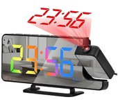 Reloj despertador de proyección para dormitorios, reloj despertador digital con espejo LED de 7,3 pulgadas con proyector 180 para dormitorio negro