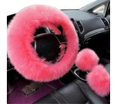 3pcs / set Faux Wool Steering Wheel Gear Shift Rod Brake Fluffy Cover Car Decor Rosa