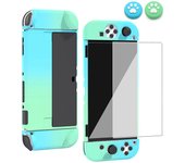 Carcasa de cubierta de estuche rígido + protector de pantalla + tapas de agarre para el pulgar para Nintendo Switch OLED Azul verde
