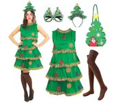 Disfraz de árbol de Navidad 5 piezas Vestido de árbol de Navidad para mujer con bolso, diadema, gafas y calcetines, traje de cosplay para adulto ve...