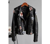 Estampado floral bordado Faux Chaqueta de cuero suave Mujer Pu Motocicleta Abrigo Femenino Negro Punk Cremallera Remache Ropa exterior M