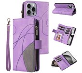 Funda de cuero con cremallera de 9 tarjetas para iPhone 16 Pro Max Púrpura