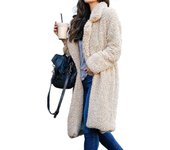 Chaquetas de lana difusa para mujer solapa delantera abierta abrigo largo de cárdigan ropa exterior de invierno Albaricoque ligero M