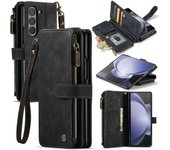 Para Samsung Galaxy Z Fold6 5G Funda de teléfono de cuero con 5 ranuras para tarjetas Negro