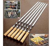 6pcs Acero inoxidable Barbacoa Pinchos planos al aire libre Parrilla mango largo Barbacoa Palo Marrón 6 Pcs