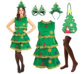 Disfraz de árbol de Navidad 5 piezas Vestido de árbol de Navidad para mujer con bolso, diadema, gafas y calcetines, traje de cosplay para adulto ve...
