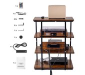 Succebuy Soporte multimedia AV de 4 niveles con regletas de enchufes y luces LED, estantes de madera ajustables en altura para reproductores de DVD...
