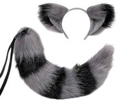 Cola de zorro y orejas, gato lobo mapache orejas conjunto de cola, animal cola peluda, orejas diademas, disfraz de Navidad de halloween - Snngv Col...