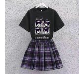 Jinzhaolai Kawaii Anime Sanrios Kuromi Impreso Falda plisada superior de manga corta Lindo dibujo animado Jk College Style Ropa Set camiseta Kuromi...