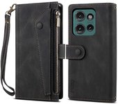 Para Motorola Edge 50 Neo 5G Funda Cremallera Cartera Soporte de Cuero Funda Teléfono Negro