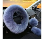Pccy Juego de 3 piezas para mujer Moda de invierno Lana Piel Suave peluda Cubiertas de volante Gris Azul FlufYY Cubierta del freno de mano Cubierta...