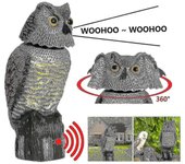 Espantapájaros de búho de plástico con cabeza giratoria y sonido - Decoración realista de jaula de pájaros