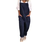 Mono de verano para mujer bolsillos Dungarees Lino Playsuit Casual Loose Romper Sleeveless Jumpsuit Azul profundo 4XL