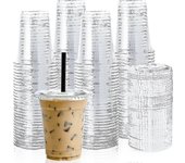 100 juegos de vasos de plástico transparente de 12 oz con tapas planas: vasos desechables para beber café helado, batidos, sorbos o bebidas frías