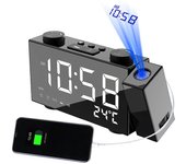 Reloj despertador de proyección Reloj de radio FM Pantalla LED de 6 pulgadas con proyector ajustable de 180 Alarmas duales con repetición Puerto de...