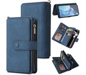 Foxdock Compatible con OnePlus 9 Pro Cuero PU Cierre magnético Quince ranuras para tarjetas Cremallera Poket Funda de teléfono Azul