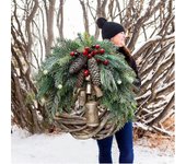 Coronas de Navidad de granja para la puerta principal, Coronas de ratán de 14 pulgadas para decorar la Navidad, 2021 Campanas doradas cuelgan puert...