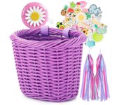 Tsim Cesta de bicicleta para niños para niñas Accesorios delanteros para bicicletas Cesta de bicicleta de mimbre tejida pequeña con serpentinas de ...