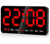 Reloj de pared digital, reloj digital LED de 9 pulgadas Pantalla grande con 12/24H, dígitos grandes, reloj de pared silencioso pequeño (rojo) Letra...