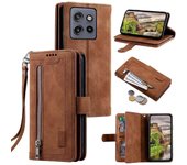 Para Motorola Edge 50 Neo 5G Case PU Leather Phone Cover with Zipper Wallet 9 Ranuras para Tarjetas Marrón