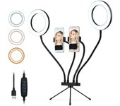 Andoer Anillo de luz LED dual de 6 pulgadas 3000-5000K 3 colores, 10 niveles de brillo con soporte para trípode de mesa Soportes para teléfono duales