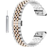 Para Garmin Fenix 7X / 6X / 5X Elegante correa de reloj de acero inoxidable de 5 cuentas Correa de reloj de repuesto con herramienta Plata Rosa Oro B