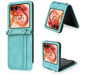 Para Motorola Razr 50 5G / Razr 2024 5G Funda para tarjetas Ranuras de cuero para teléfono con cordón Verde