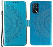 Para Oppo A16 / A16s / A54s Mandala Flower Imprinted PU Leather Phone Cover Estuche de soporte de billetera a prueba de golpes con correa Azul