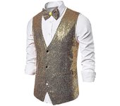 Chaleco de lentejuelas para hombre Chaleco traje brillante Chaleco de fiesta cuello en V Abrigo de fiesta con pajarita Oro M