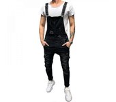 Denim para hombre Monos rotos Vaqueros Monos de peto con bolsillos HQJ Negro 2XL