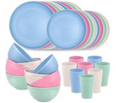 32 piezas de vajilla de paja de trigo irrompible, lavavajillas reutilizable liviano apto para microondas, platos, tazones de cereales, tazas y jueg...