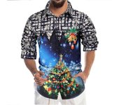 Camisa de Navidad Hombres Camisas de Manga Larga Navidad Árbol Estampado Blusa Top Fiesta XL