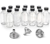 12, 2 oz botellas pequeñas de vidrio transparente (60 ml) con tapas y 3 embudos de acero inoxidable - Boston Round Sample Bottles - Mini travel bot...