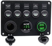 5 Gang 12V / 24V Inline-Fuse Box LED Panel de Interruptores Dual USB Car Boat Truck Camper Negro