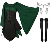 Morakot 4 piezas de traje de elfo para mujer Vestido irlandés tradicional renacentista Disfraz de hada Ear Cuffs de elfo para mujer Fiesta de cospl...