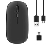 Ratón inalámbrico recargable, ratón óptico ultra silencioso 2.4G con USB y receptor tipo C, para ordenador portátil, (negro)