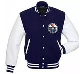 Kartex Suits Nhl-edmonton Oilers Letterman Varsity Chaqueta azul marino Lana genuina y cuero Mangas Marina de guerra M
