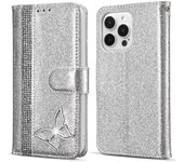Para iPhone 13 Pro Funda de cuero con purpurina con funda de soporte de billetera Buttery Diamond de metal - Plata Multicolor Silver