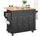 Succebuy Carro de isla de cocina, carros móviles con tapa de madera de 43" con gabinete de almacenamiento, estante de especias, barra de toallas, e...