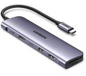 Hub USB C Ugreen CM195 7 en 1 HDMI 4K 100W PD metálico compacto lila