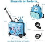 Costway Juego de Equipaje para Niños Maleta Correpasillos 40L Trolley con Ruedas Correpasillo 18" Maleta + 12" Mochila Infantil Dinosaurio Azul