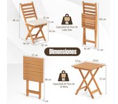 Costway Juego de Bistró de Madera Acacia para Exterior Mesa y 2 Sillas Plegables con Cojines sin Brazos de Respaldo Alto para Comedor Patio Blanco