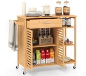 Costway Carro de Cocina con Isla de 90 cm Mueble de Almacenaje Rodante de Bambú con Ruedas Cajón Estantes Organizador Móvil para Comedor Natural
