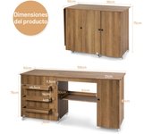 Costway Mesa Plegable de Costura Escritorio para Ordenador Abatible con Ruedas Bloqueables con Armario con Puerta Marrón 158 x 50 x 75 cm