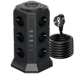 Klack Regleta de Enchufes Vertical 12 Schuko 2 USB-C Y 3 USB-A 4000w/16A Cable de 2 Metros Negro