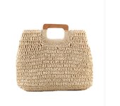 Casual Large Capacity Straw Beach Bag Wooden Handle Handbag Women Handmade Woven Bag Lady Casual Purses Summer Balii