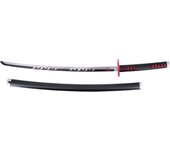 Katana S5084 de Demon Slayer Katana Mingshao empuñada por Kamado Tanjirou réplica no oficial de 105 cm hoja de acero, mango con encordado negro de polipiel e imitación de piel de raya en color rojo, vaina negra con detalles en gris.